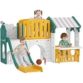 AIYAPLAY 7 in 1 Children's Slide with Kennel Yellow and Green | Slide with Ladder, Basketball Hoop, Tunnel, Slate, Telescope,