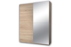 Stella Trading PULS, Armadio elegante con molto spazio e anta con specchio, Armadio versatile ad ante scorrevoli in rovere Sonoma, 170 x 195 x 58 cm (larghezza x altezza x profondità)