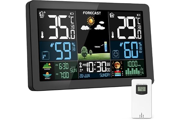 Station Météo Intérieur Extérieur Sans Fil, Écran Couleur, Prévisions Météorologiques, Thermomètre Hygromètre, Affichage Température et Humidité, avec Capteur Extérieur, Baromètre, Radio-Réveil DCF