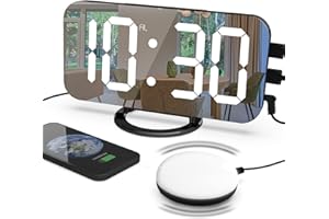 REDGO Loud Digital Alarm Clock for Heavy Sleepers with Bed Shaker with Adjustable LED Light, Snooze, 2 USB Charger, Large Mirror Surface Clock, Digital Alarm Clock for Bedroom