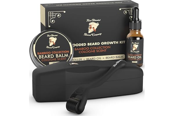 Red-Blooded Kit Pousse Barbe - Rouleau Barbe + Huile Pousse Barbe + Baume à Barbe - Stimule la Croissance de la Barbe et des Cheveux - Parfumé à la Cologne - Kit Barbe Homme - Soin Barbe Homme