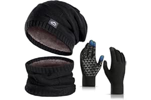 KIRAAT Wintermütze, Schal und Touchscreen-Handschuhe Set für Herren und Damen,Slouchy Strick-Skikhut und Nackenwärmer mit Fleece-Futter für Unisex