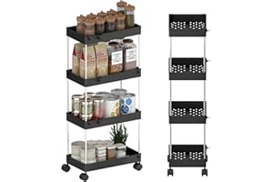 GOOPOOL Carrellino Cucina 4 Livelli, Carrello Bagno Salvaspazio Carrello Portaoggetti Ruote, Carrello multifunzione da cucina Carrello Organizer per Lavanderia, Nero