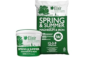 Elixir Gardens UK Spring & Summer Lawn Food/Feed & Granular Compound Turf Fertiliser with added Iron + Magnesium | 1kg-25kg Weights | NPK:12-3-9 + 2% Fe & 2% MgO | 3kg Bag Treats 120m²