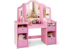 COSTWAY Tocador de Maquillaje Niña, 2 en 1 Mesa de Maquillaje con Espejo Plegable y Extraíble, Compartimentos Abiertos, Mesa Tocador Infantil de Madera (Rosa, con cajones)