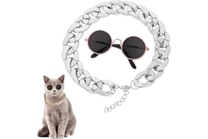 HJZHII Cat Costume Sunglasses with Collar Chain, Retro Pet Eyeglasses Funny Kittens Costume Docorations Cosplay Dog Puppies Photo Props for Birthday (Silver)