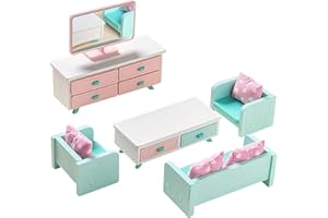 TESYEUX 1:12 Mini Juegos de Muebles de Casas de Muñecas,Juego de 10 Set Mobiliario de Madera en Miniatura Juegos de Imaginación Simulación Mueble de TV, Sofá y Mesa y Silla, Juguete para Niños,Rosado(salón)