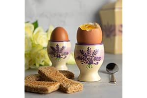 City to Cottage | Set de Deux coquetiers | Beige à Motif Lavande en céramique Fait et Peint à la Main | Oeufs durs, à la Coque