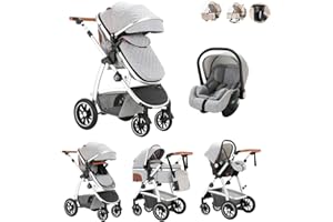Kakbgee 3 in 1 Pushchair Travel System, Pram Travel System with ECE R129 Car Seat, Height Adjustable Handle Pram with Mosquito Net, High View Aluminum Frame Baby Stroller for Newborn, LightGray, 22KG