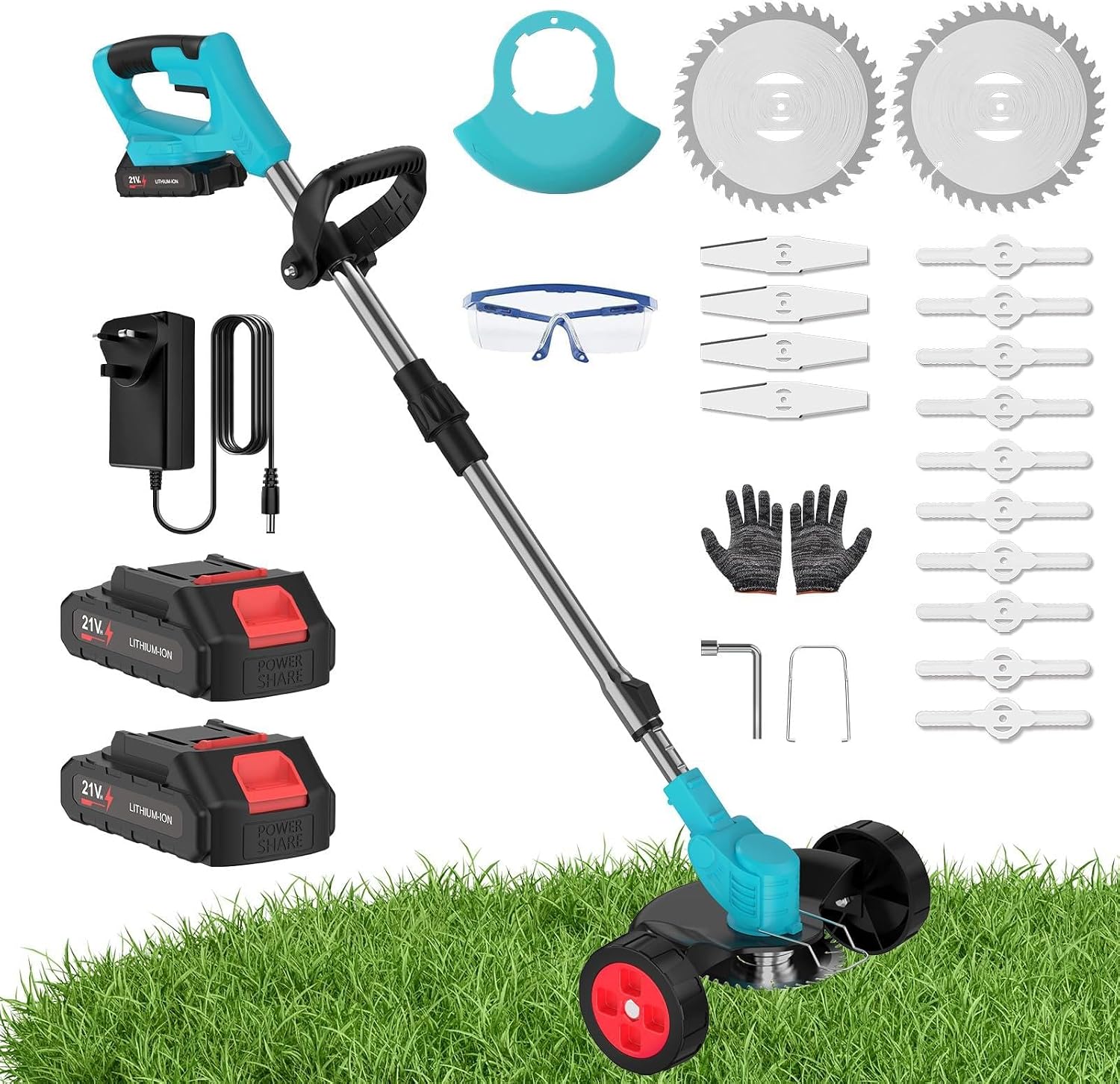 Cordless Grass Strimmer, 21V Strimmer Cordless with 2 X 2000mAh Battery and Charger, 3 Types 16 Blades, Garden Trimmer Telescopic Lightweight with Roller, 7800/min, for Gardens, Park Lawns