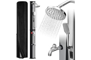 Vkechh 60L Solardusche | Einstellbar Regenduschkopf | Wasserhahn | handbrause | Max. 60℃ | Ohne Stromanschluss | Mit Schutzhaube-Ablassschraube | Schwarz/Silber