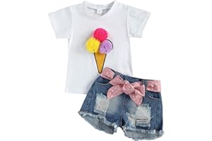 VERVE JELLY T-shirt da bambina con maniche corte, maniche corte, gelato bianco, pom pom, maglietta + pantaloncini di jeans strappati, vestiti