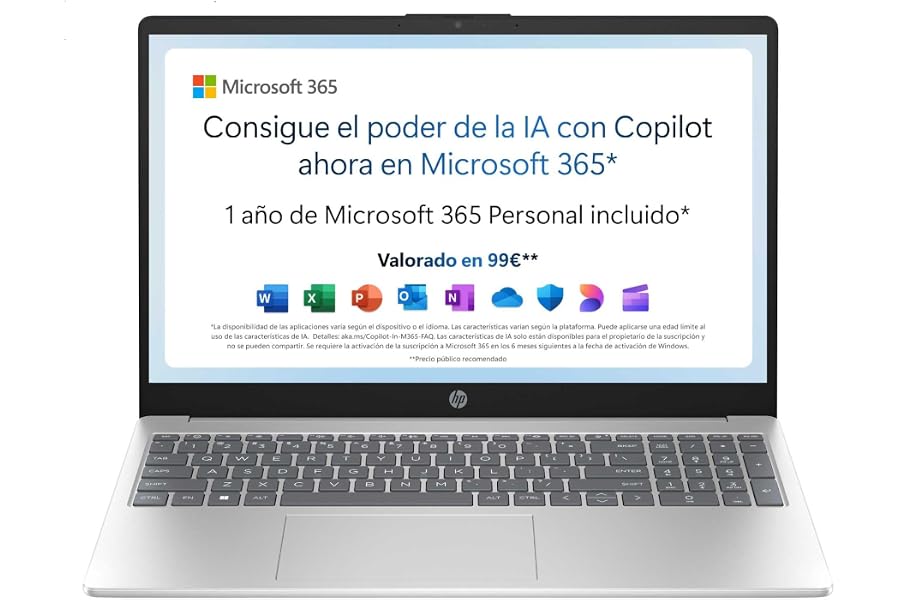HP 15-fd0261ns - Ordenador portátil de 15.6" FHD (Intel N100, 4GB RAM, 128GB UFS, Intel UHD, Windows 11) Plata - Teclado QWER