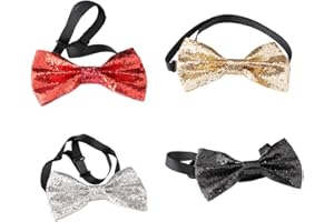HUATEEN 4 Pcs Glitter Bow Ties for Men & Women | Sparkling Sequin Bow Tie Set with Adjustable Strap (Red, Black, Silver, Gold) | PU Shiny Bow Ties for Weddings, Parties, Performances