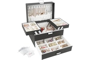 CASIWAFT Jewellery Box Organiser, 3 Layer PU Leather Jewellery Case, Large Jewellery Organiser with Drawer, Jewellery Storage Case for Necklaces Earrings Bracelets and Rings, Grey