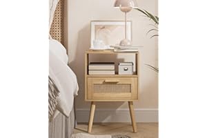 HEYZOEY Bedside Table with PE Rattan Decor Drawer,Nightstand,Rattan Night Stand with Solid Wood Legs,Side Table with Drawer Open Shelf,End Table for Bedroom,Living Room (Yellow)