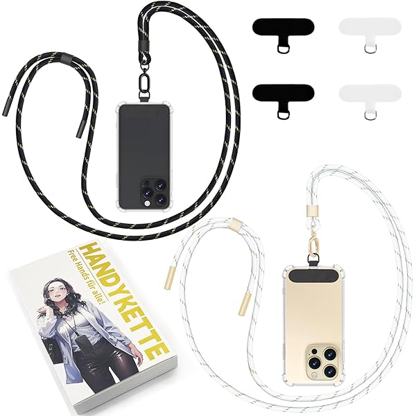 New&Teck Mobiele telefoonkoord met 2 patches, telefoonkoord 1,60 m, duurzaam, verstelbaar, elegant, compatibel met alle smartphones, Zwart, Eén maat