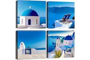 Sungeek Stampe e Quadri su Tela 4 Pezzi Moderni Dipinti di Quadri 30x30cm Stampe da Parete su Tela per Camera da Letto Soggiorno Cucina (Vista Sul Mare e Architettura)
