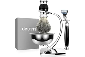GRUTTI 4 en 1 Kit de Afeitar Set de Cepillos, Soporte Brocha de Afeitar - Brocha de afeitar pelo tejón punta plata negra - tazón de afeitar - maquinilla de afeitar - Herramientas de Afeitado