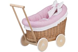 E-WICKER24 ALLES AUS WEIDE e-wicker24 Poussette en Osier, Landau pour poupée,nacelle pour Jouets (Naturel, Rose)