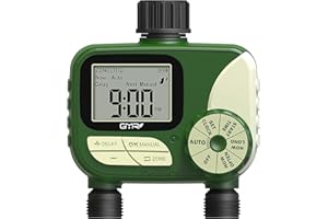 GMR Bewässerungscomputer 2 Ausgänge, Bewässerungsuhr mit Regenverzögerung/manueller/automatischer Funktion，Bewässerungsuhr mit großer LCD-Anzeige für Gärten