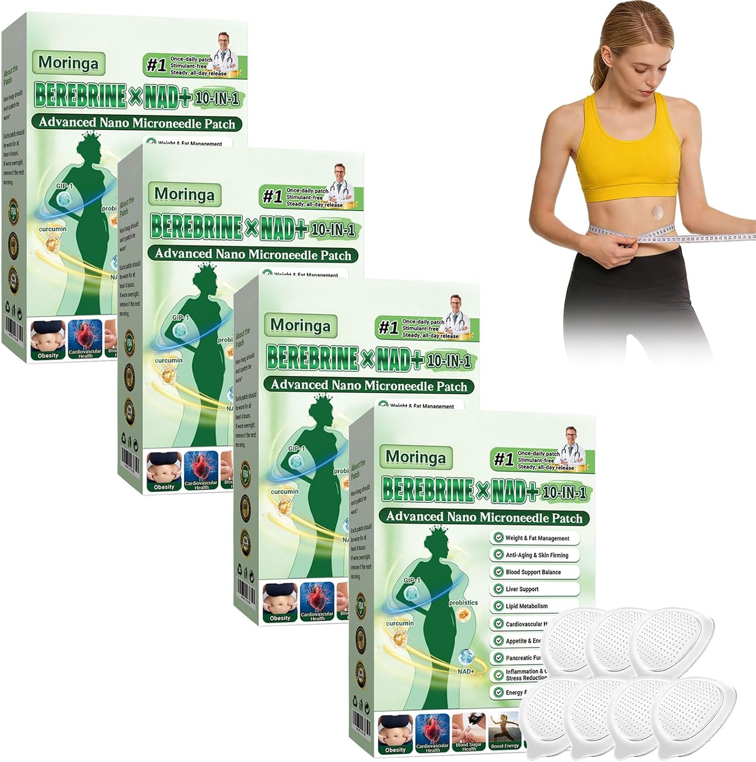 4 Cajas Moringa x Berberine Patch 10 en 1, Parche Avanzado de Nano Microagujas, Ingredientes Naturales, Parche de Metabalance Profesional, Fácil de Aplicar, para Hombres y Mujeres (4 Cajas)