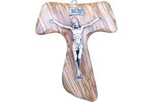 FIDES RELIGIOUS Crocifisso da Parete, TAU Francescano - Made in Italy, Artigianale - Cristo e INRI Placcati Argento 999 - Tau da Parete - Legno Pregiato Ulivo - Tau San Francesco (16x20 - TAU con Corpo)