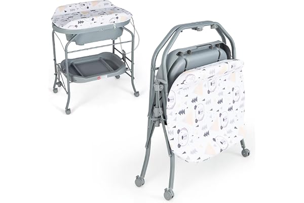 LIFEZEAL 2-en-1 Table à Langer & Baignoire Pliable Bebe, Commode à Langer Bébé avec Panier de Rangement, Roues Universelles, Charge de 35 kg, 0-12 mois (Gris)