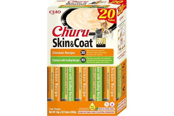 INABA Churu Skin & Coat Snack pour Chats crémeux en 2 variétés avec Poulet - 20 bâtonnets x 14 g - Nourriture pour Chat avec Taurine et Vitamine E pour Une Peau et Un Pelage sains