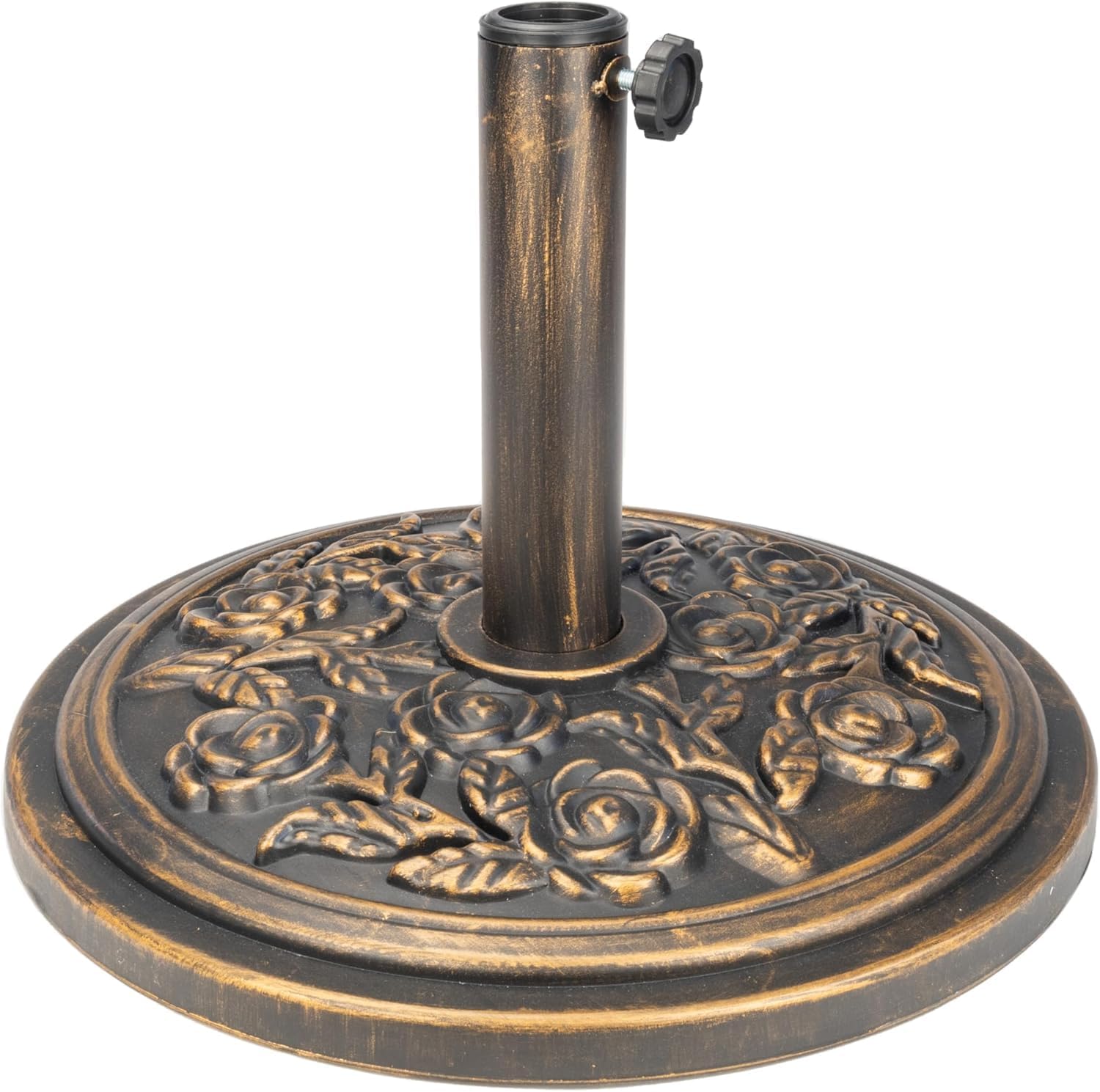 Anikees Heavy Duty Parasol Base 9kg – Cast Iron Garden Umbrella Stand with Decorative Floral Pattern, Bronze Finish for Patio, Deck & Outdoor Canopies (bronze)