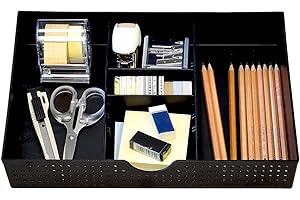 Amtido Desk Drawer Organiser Tray for Office Stationary Supplies & Accessories - Sleek 3 Compartments Stationery Organisers with 2 Adjustable Dividers - Black Desk Tidy Organiser