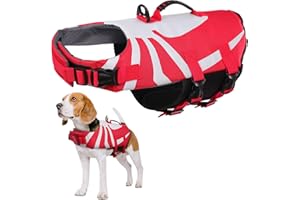 PUMYPOREITY Salvagente per Cani, Cappottino di Salvataggio Cani Giubbotto di Galleggiamento Costume da Bagno Cuccioli Ripstop Lifesaver Dog Vest Life Jacket Ragno per Nuoto, Surf, Conottaggio(Rosso, L)