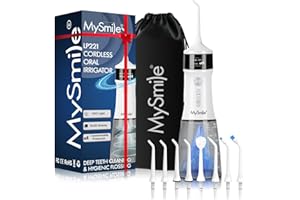 MySmile LP221 UVC Hydropulseur sans fil stérilisable pour les dents 335ML Écran OLED portable avec 4 modes, 8 embouts de jet et une pochette de rangement pour la maison et les voyages (Blanc Perle)