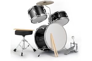 LEADZM Batterie pour Enfants 14", Kit de Batterie 3 Pièces pour Débutants avec Tabouret, Pédale de Grosse Caisse et 2 Baguettes, Cymbale, Tom et Caisse Claire pour les 3 ans et plus (Noir)