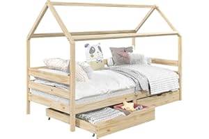 IDIMEX Letto capanna CLIA Letto Singolo per Bambini Montessori 90x200 cm con 2 cassetti e barriere di protezione su 3 lati in pino massiccio naturale