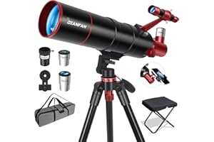 Dianfan Telescopio 90/550 Astronómico para Adultos y Niños, Telescopio Refractor Portátil para Principiantes con Montura AZ, Trípode, Adaptador para Teléfono, Bolsa de Transporte y Taburete Plegable
