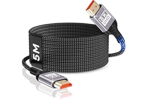 Nersligek Câble HDMI 8K 5m, Câble HDMI 2.1 48Gbps 8K@60Hz, 4K@144Hz/120Hz 7680P eARC, HDR10, HDCP 2.2 & 2.3, Dolby Atmos pour HDTV/Barre de Son/PS5/Lecteur Blu-ray/X-Box/Moniteur
