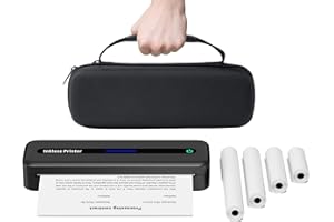Mobiler Thermodrucker A4 für Unterwegs, Büro & Zuhause, Keine Tinte, Kabellos Bluetooth Tragbarer Drucker 300 DPI Kompatibel mit IOS & Android, Mit Tragekoffer und 4 Rollen Thermopapier - Schwarz