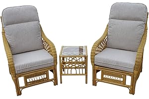 GARDEN MARKET PLACE GardenMarketPlace Portofino Cane Conservatory Furniture Duo Set- 2 Chairs and a Side Table- Cream Colour Fabric