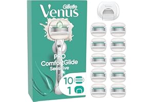 Gillette Venus Lot De 10 Recharges De Rasoir Pour Femmes Pro ComfortGlide Pour Peaux Sensibles Et Sèches, AUTHENTIQUES, Cartouches A 5 Lames, Pack De Têtes De Rechange Avec Une Protection De Voyage