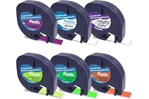 HOME COLORTLY 6 x Étiquette de Couleur Compatible pour Dymo LetraTag Ruban 12mm x 4m, Recharge Dimo Ruban Cartouche Pour Étiqueteuse DYMO LetraTag XR, Noir sur Blanc/Clair/Violet/Orange Fluo/Vert Fluo/Jaune Fluo