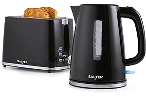 Salter COMBO-9133 Deco Kettle and Toaster Set – Rapid Boil 3 kW Kettle With Removable Limescale Filter, 2-Slice Wide Slot Electric Toaster, Crumb Tray, Self-Centring, Water Level Indicator, Black