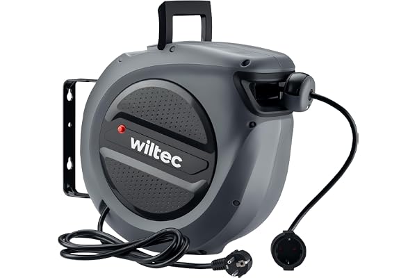 Wiltec Kabelvinda 20 m + 2 m, automatisk kabelupprullning 1500 – 3200 W, förlängningssladd 180° väggmontering sladdvinda