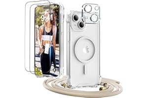 GUtttGU Handykette für iPhone 14 Hülle mit Band mit 2 Displaychutzfolie Panzerglas + 2 Kamera Schutzfolie Transparent Handyhülle Kompatibel mit Magsafe Schutzhülle Case für iPhone 14 Klar