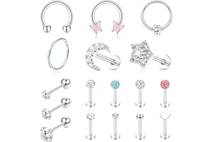 MILACOLATO Wielowymiarowy 17 sztuk Piercing Helix Kartilage kolczyki Hoop szpilki dla kobiet Piercing CZ Opal ze stali nierdzewnej 16G Labret płaski tył kolczyki Daith Tragus Helix Kolczyki 8mm