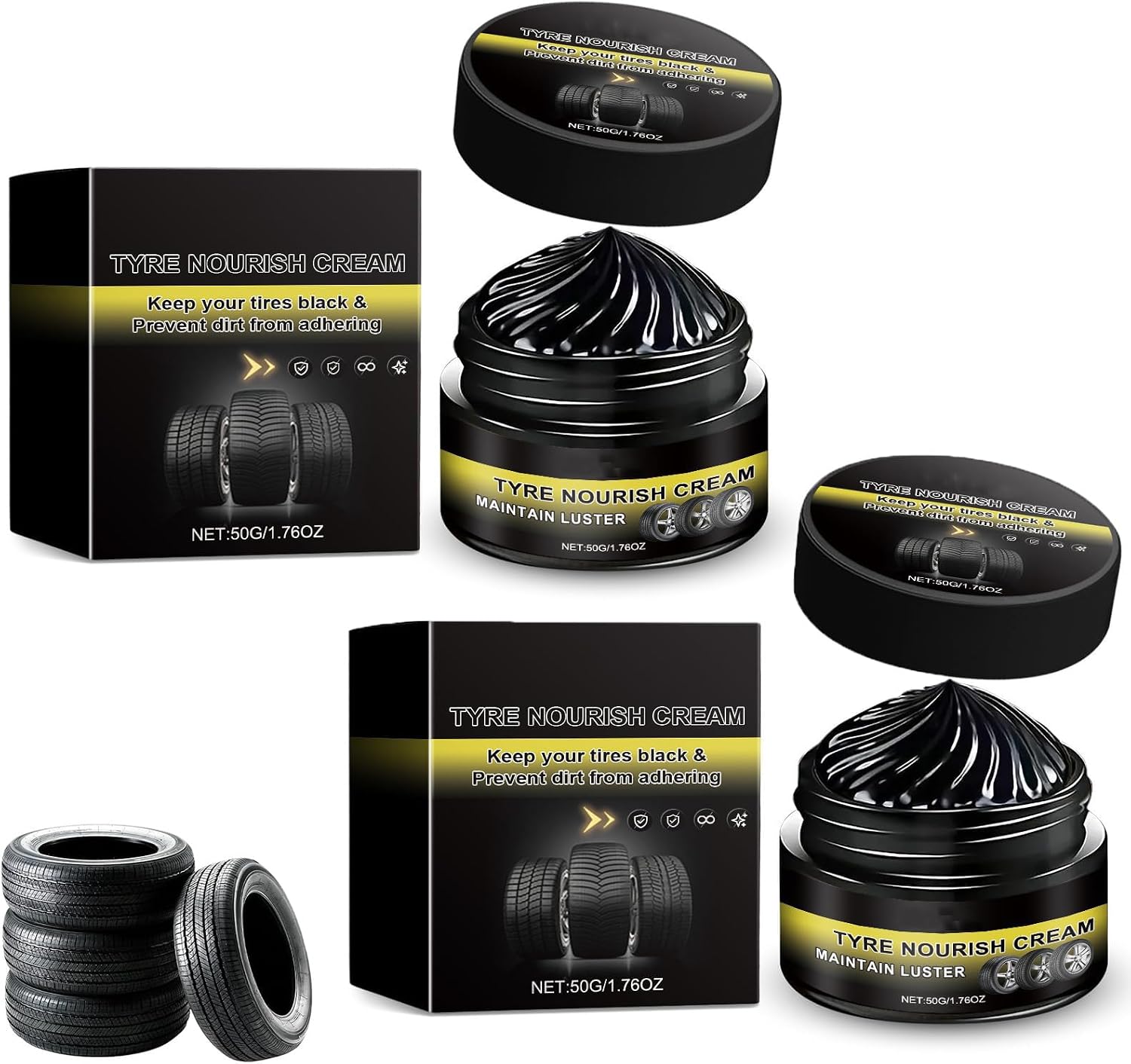 Tyre Nourish Cream, Tire Coating Paste, Powerful Wheel Cleaning Refurbish Wax, Car Tires & Plastic Trim Renewal Paste, for Car Trucks Motorcycles Tires, Restores Black Gloss, Blocks UV (2PCS)