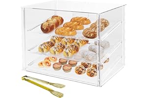 Cityjoy 3 Tray Countertop Bakery Display Case with Magnetic Rear Doors - 20.8"x 15.8" x 16.9" Acrylic Pastry Display Case with Removable Trays & Steel Tongs, Food Display Case for Donut Bread Cake