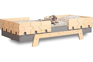 SMARTWOOD Letto bambini PUZZLE BR2, letto montessori bambini con ringhiera, lettino bambino singolo - Grigio - 80x190cm