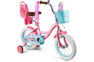 RULLY Vélo Fille 12–16 Pouces avec roulettes stabilisatrices, Panier et siège poupée – Vélo Enfant Multicolore pour 2–6 Ans
