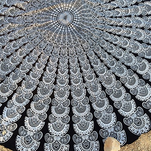 urbancharm- schwarz & weiß indischen Pfauenfeder Mandala rund Roundie Beach Überwurf Tapisserie Hippie Boho Gypsy Baumwolle Tischdecke Strandtuch - 4